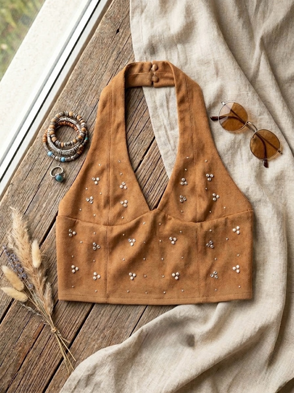 Embellished Halter Crop Top in Camel Brown